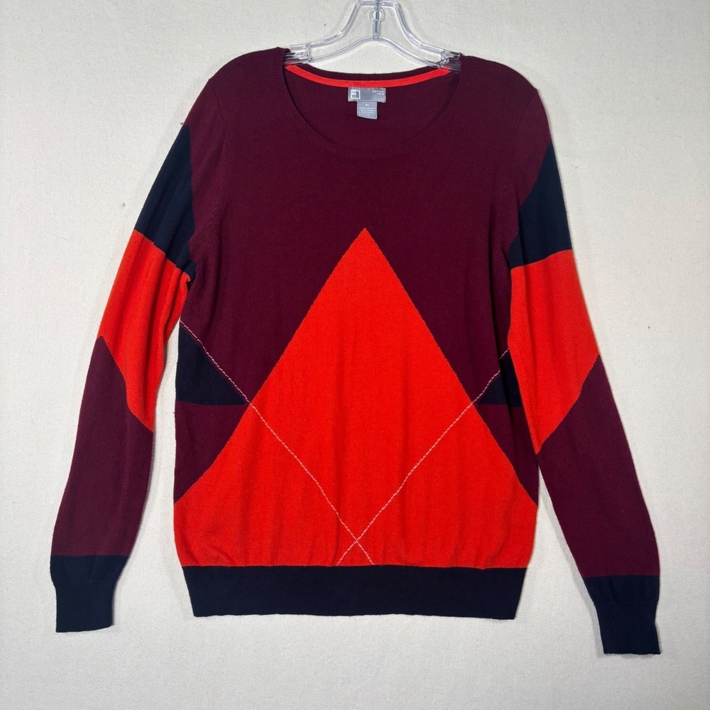JCP Cashmere Blend Sweater, Argyle Color Block, Women's XL - Burgundy Orange